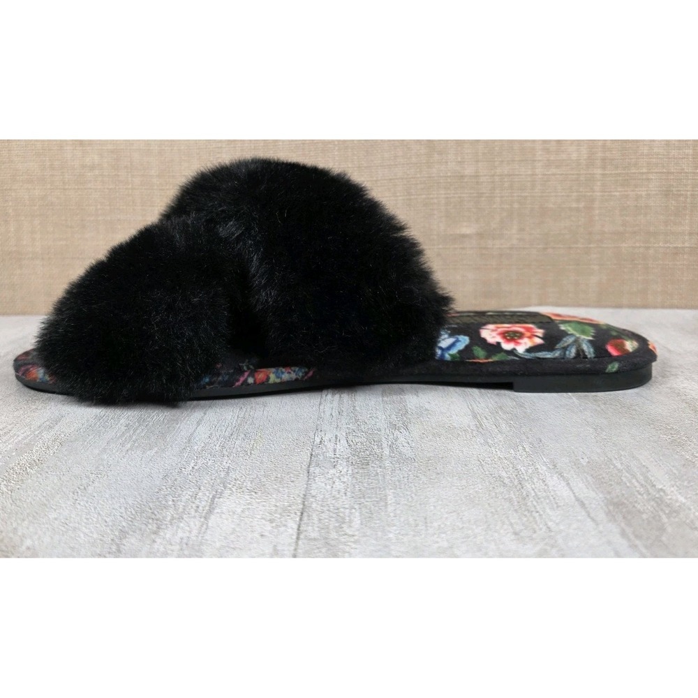 Johnny Was Ardell X Slipper Black Faux Fur Floral Print Slides Womens 8M Boho - Picture 2 of 10